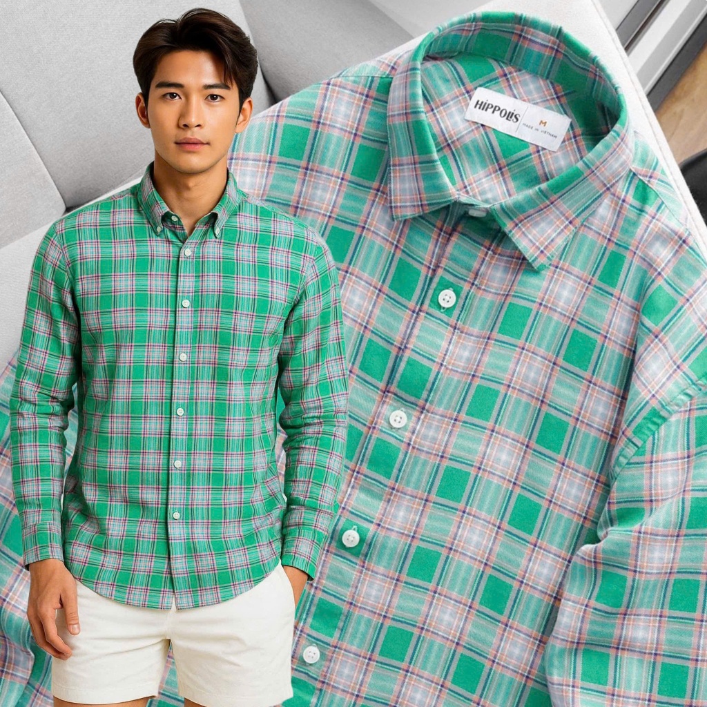 Áo sơ mi nam dài tay caro màu xanh lá chất vải flannel cao cấp thời trang trẻ trung
