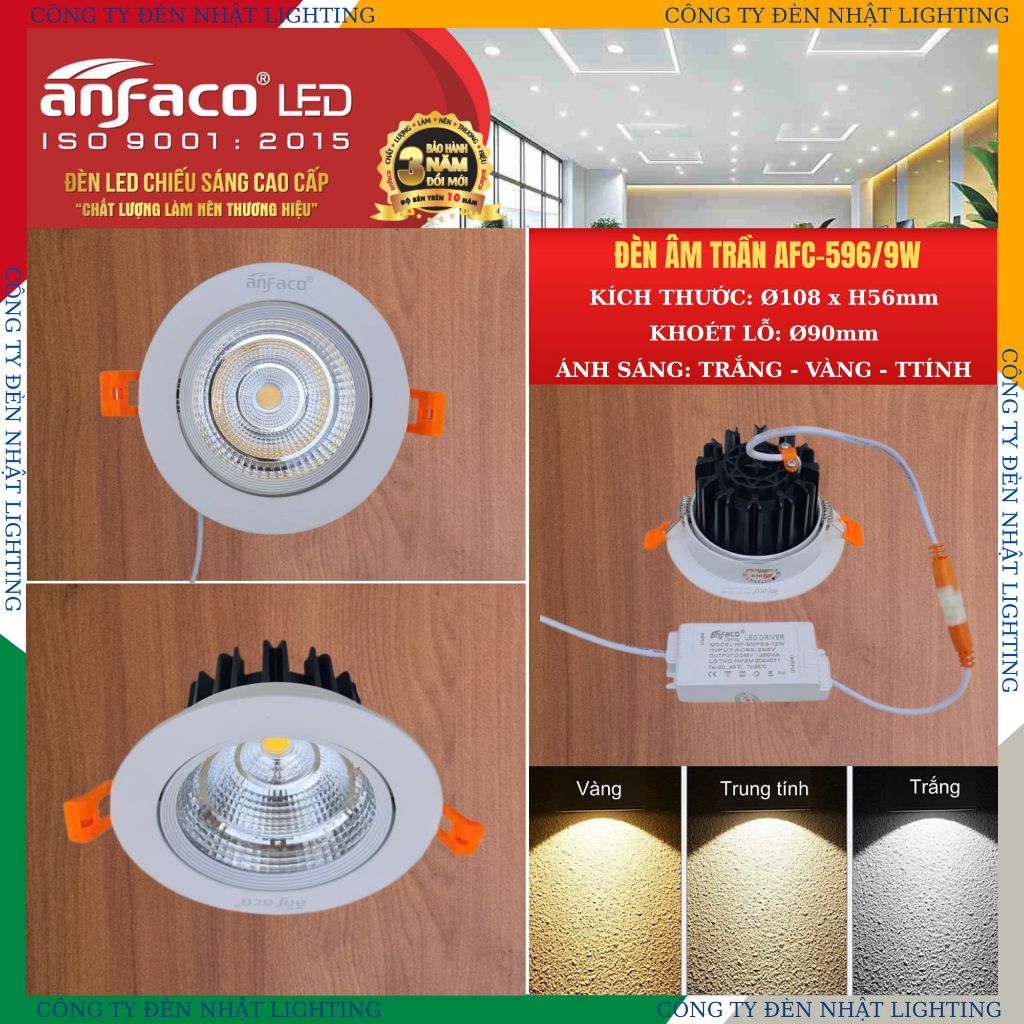 [CTY NHẬT LIGHTING] Đèn âm trần AFC 596 - 9W chính hãng ANFACO lắp nhà ở, trường học, phòng họp
