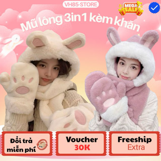  mũ tai thỏ dễ thương Mũ sưởi mùa đông len lông mịn cao cấp kèm khăn quàng cổ bao tay 3 trong 1 khăn ,mũ,gang tay  