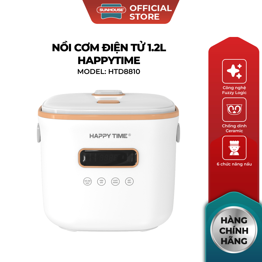 Nồi Cơm Điện Tử 1.2L Sunhouse HappyTime HTD8810, Bảo Hành 12 Tháng, Lòng Nồi Chống Dính Ceramic Gốm