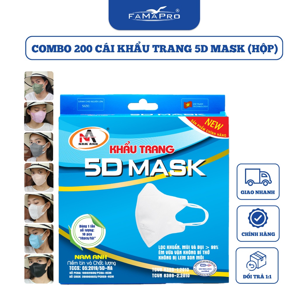 [COMBO 200 CÁI] Khẩu trang 5D Mask 3 lớp Famapro (20 Hộp)