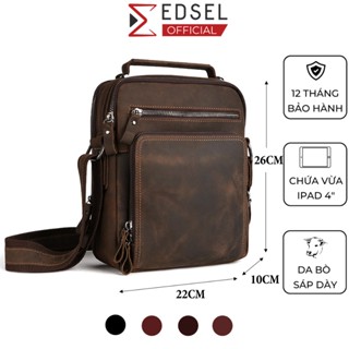  Túi đeo chéo nam EDSEL da bò sáp cao cấp nhiều ngăn cỡ lớn đựng ipad thời trang retro cá tính màu nâu đỏ 