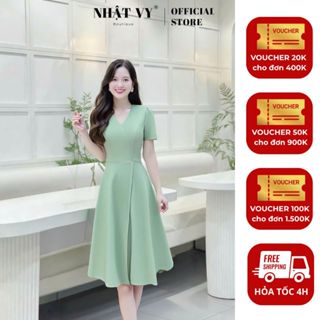  Đầm váy nữ Nhật Vy cổ V tay ngắn dáng xoè chất lụa công sở dự tiệc màu cacao xanh - D3470 