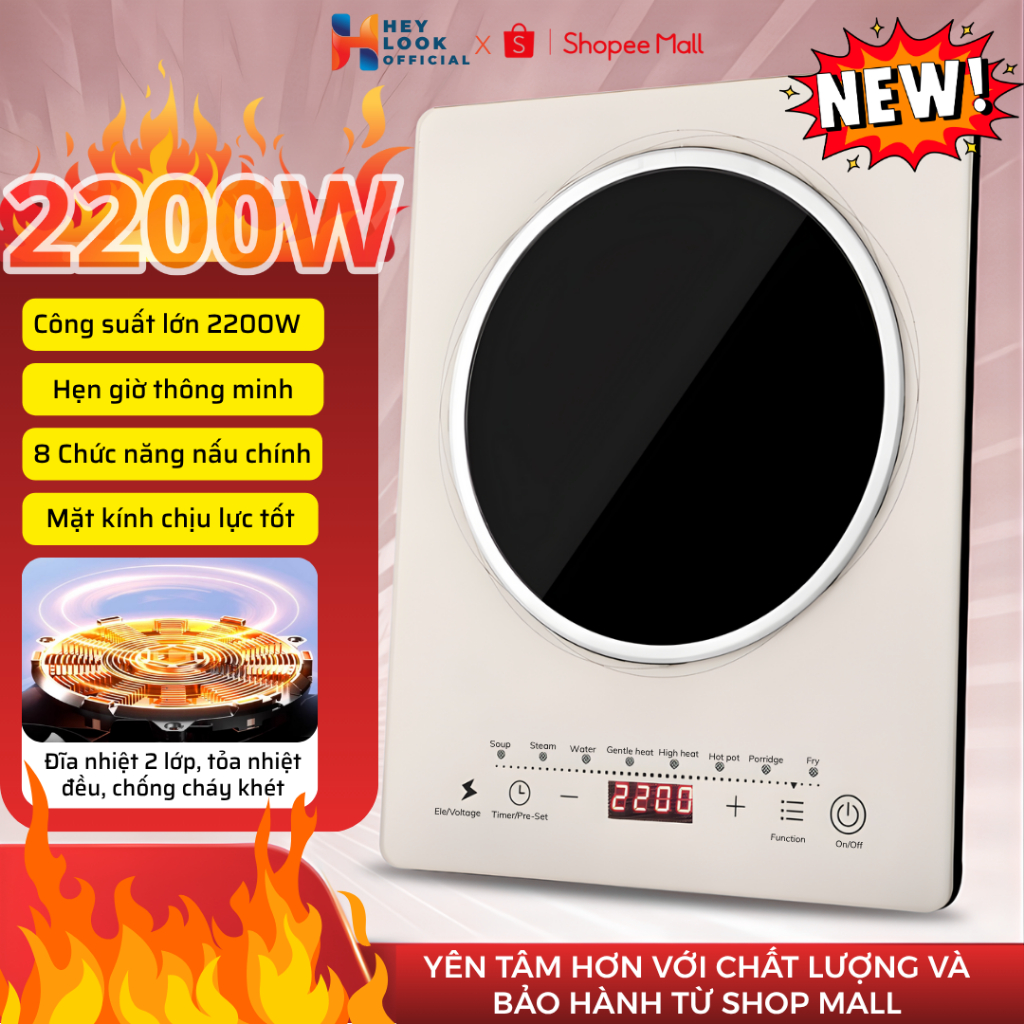 Bếp Từ Cao Cấp 2200W - Công Suất Lớn Nấu Siêu Tốc, Hẹn Giờ Thông Minh, Tiết Kiệm Điện & An Toàn