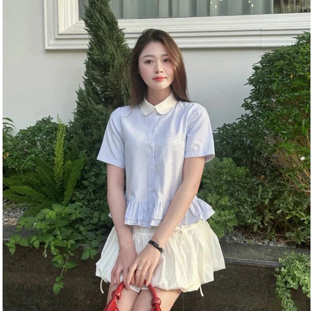 Áo Sơ Mi Nữ Kiểu Babydoll Cổ Sen Ngắn Tay Kẻ Sọc Oxford, Áo Sơ Mi Croptop Form Rộng Basic Phong Cách Hàn Quốc | BigBuy360 - bigbuy360.vn
