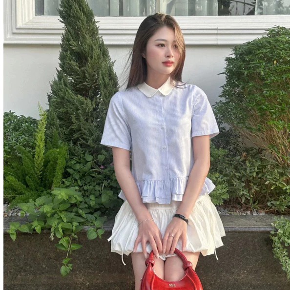 Áo Sơ Mi Nữ Kiểu Babydoll Cổ Sen Ngắn Tay Kẻ Sọc Oxford, Áo Sơ Mi Croptop Form Rộng Basic Phong Cách Hàn Quốc | BigBuy360 - bigbuy360.vn