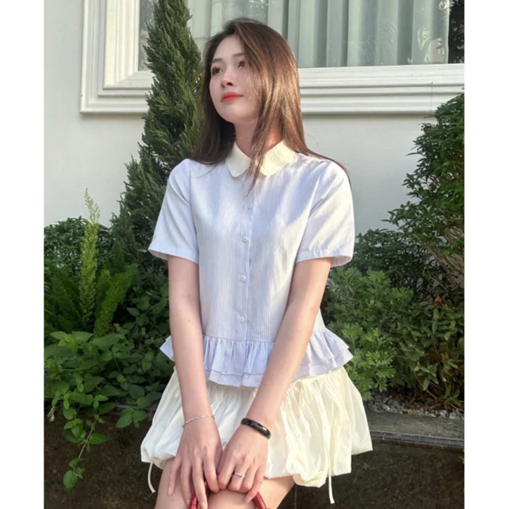 Áo Sơ Mi Nữ Kiểu Babydoll Cổ Sen Ngắn Tay Kẻ Sọc Oxford, Áo Sơ Mi Croptop Form Rộng Basic Phong Cách Hàn Quốc | BigBuy360 - bigbuy360.vn
