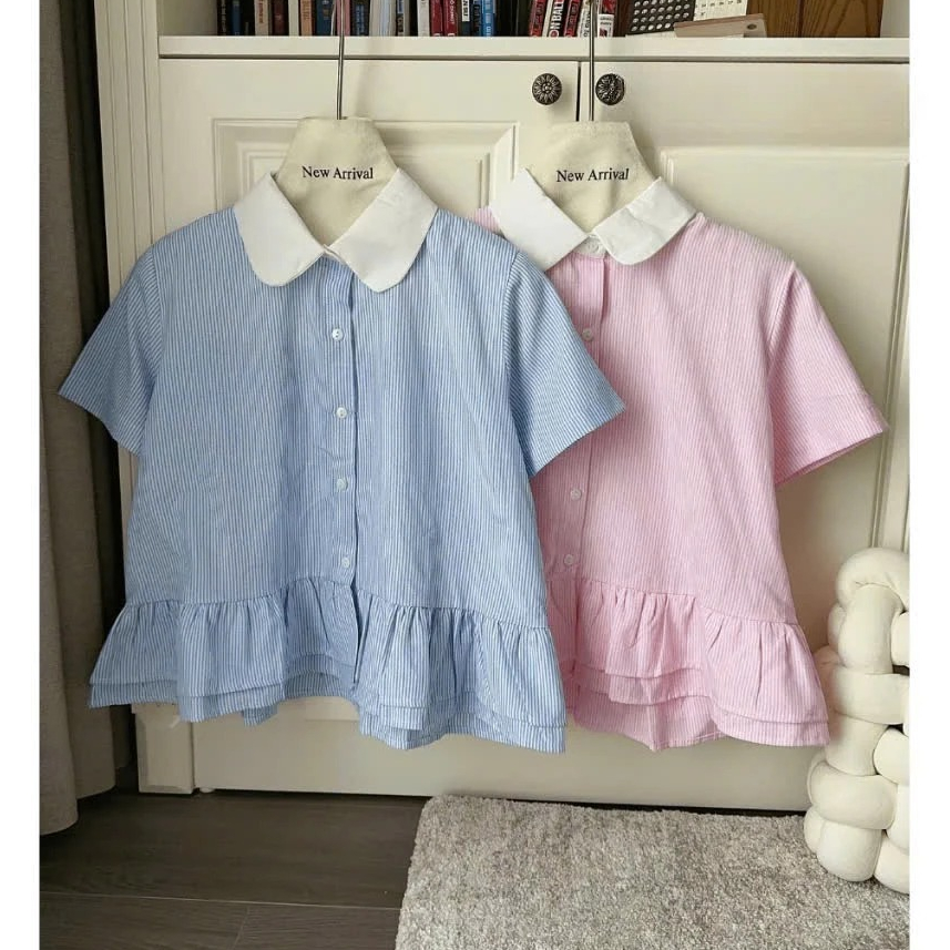 Áo Sơ Mi Nữ Kiểu Babydoll Cổ Sen Ngắn Tay Kẻ Sọc Oxford, Áo Sơ Mi Croptop Form Rộng Basic Phong Cách Hàn Quốc | BigBuy360 - bigbuy360.vn