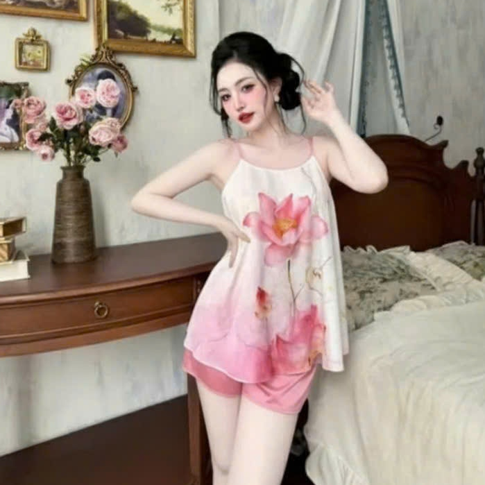 Set bộ ngủ áo yếm nữ 2 dây phi lụa họa tiết in 3D kèm quần đùi nữ mặc nhà mùa hè dễ thương CARY | BigBuy360 - bigbuy360.vn