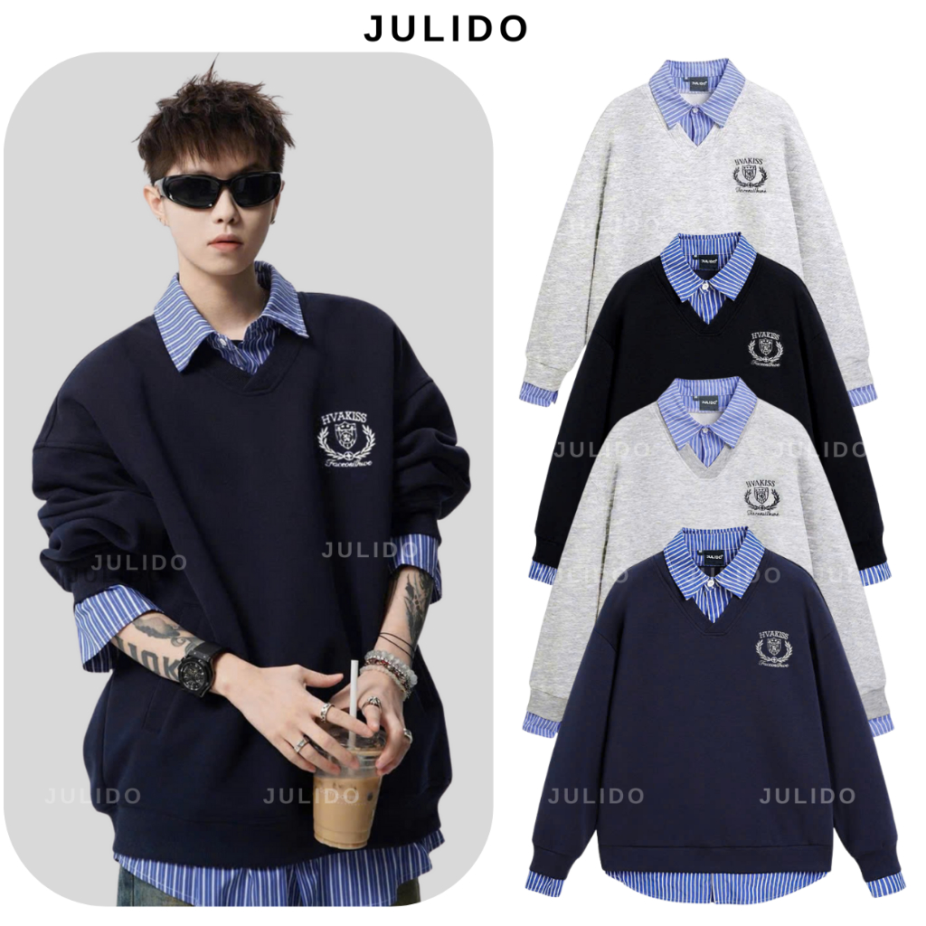 Áo Sweater Phối sơ mi JULIDO với chất liệu nỉ 2 da cao cấp
