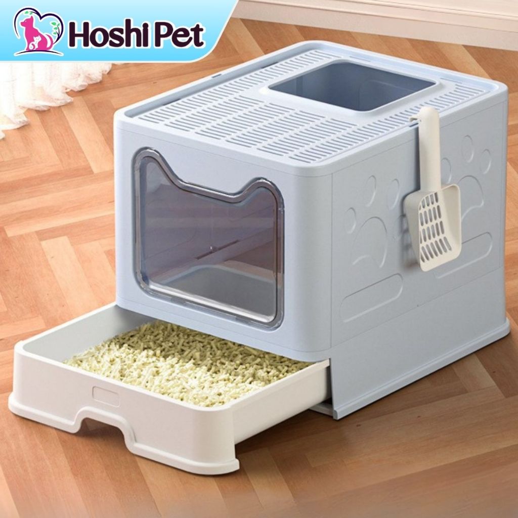 Nhà vệ sinh mèo 2 cửa có ngăn kéo hình vuông Hoshi Pet NV01 chống văng cát cho mèo lớn 8kg