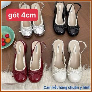  Giày cao gót nữ 4 cm chất da bóng mix ren- giày cao gót nơ da bóng mã qv101 