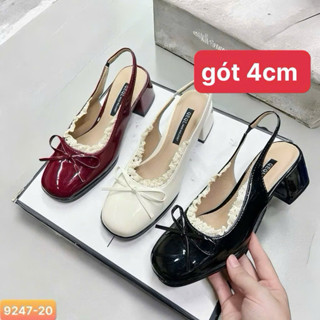  Giày búp bê tăng chiều cao 4cm gót vuông phối nơ mix ren chất da bóng siêu đẹp 