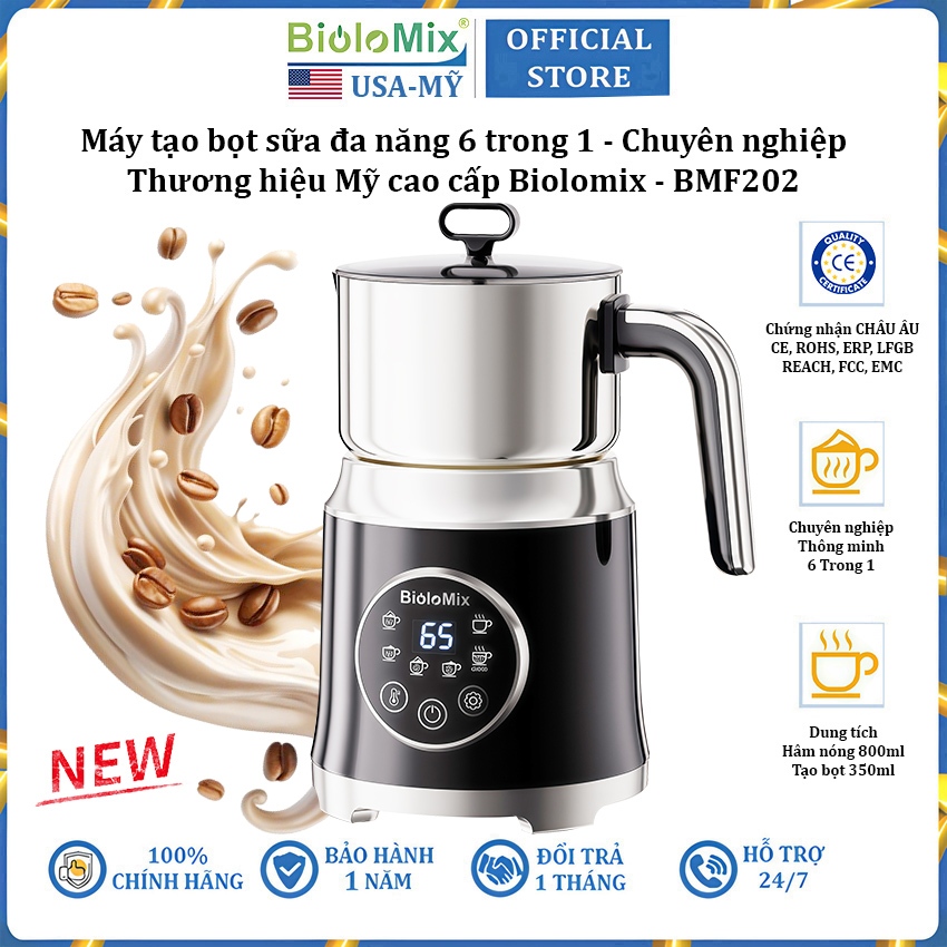 Máy đánh sữa tạo bọt cà phê, ca cao 6 trong 1 thương hiệu Biolomix BMF202 - Công suất 600W (Bảo Hành 12 Tháng)
