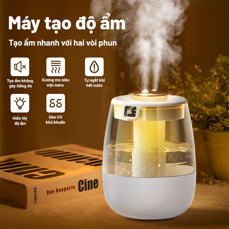 Máy phun sương tạo ẩm không khí , Máy tạo độ ẩm phun kép , Màn hình LED hiển thị nhiệt độ có đèn ngủ , UVC Diệt Khuẩn