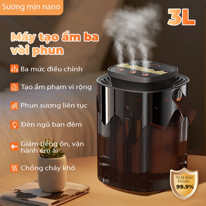 Máy phun sương tạo ẩm không khí dung tích 3L giọt sương nano tăng độ ẩm nhanh UVC Diệt Khuẩn