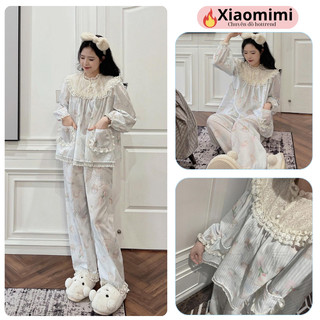  Bộ ngủ nữ pijama dài tay lụa cổ ren sang chảnh phong cách tiểu thư nền hoa đồ bộ nữ cao cấp HCOM3688 Xiaomimi 