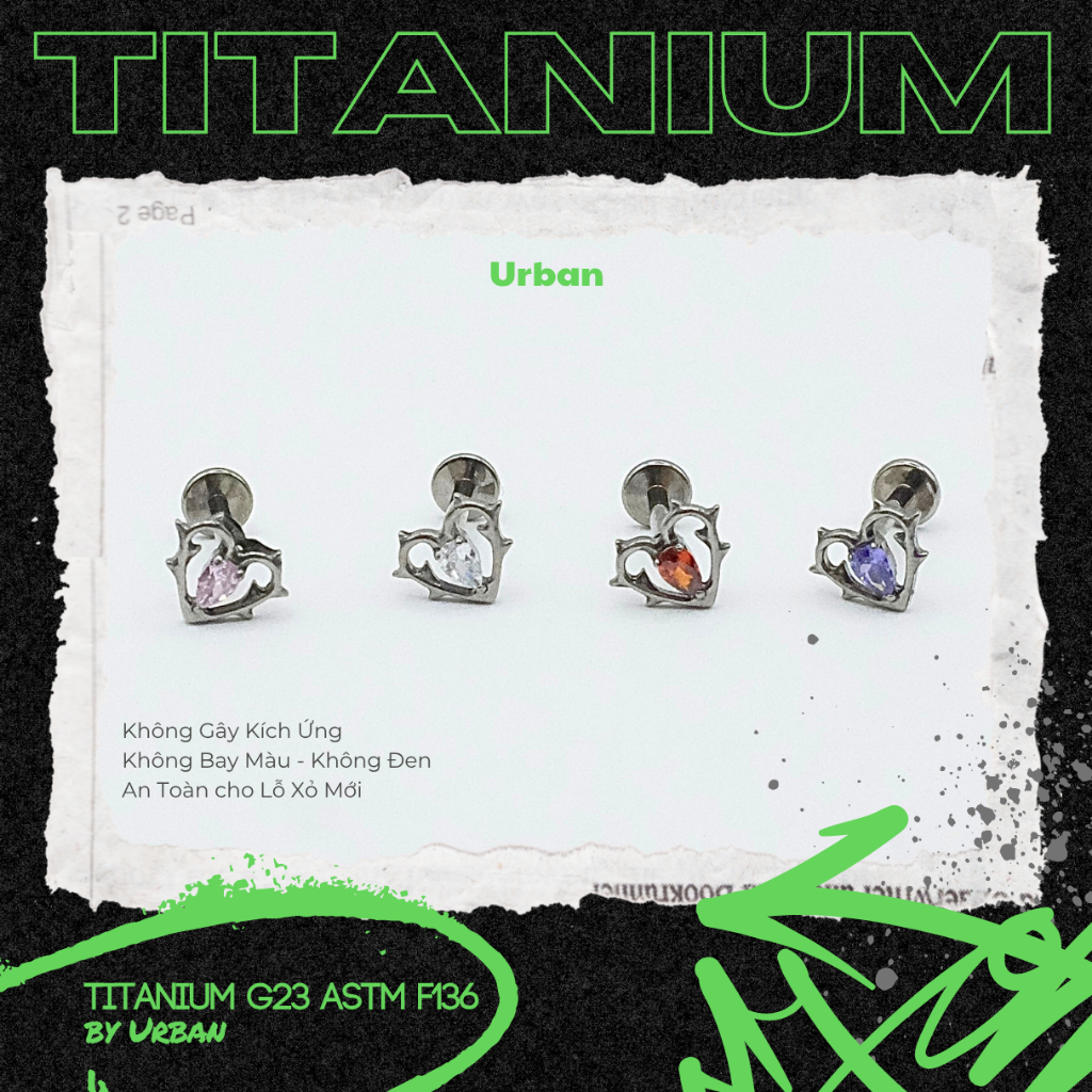 [1 Mặt Khuyên] Khuyên tai, chất liệu titan G23 F136 Tim Gai Unisex Không Ngứa Không Đen urban [XỎ]