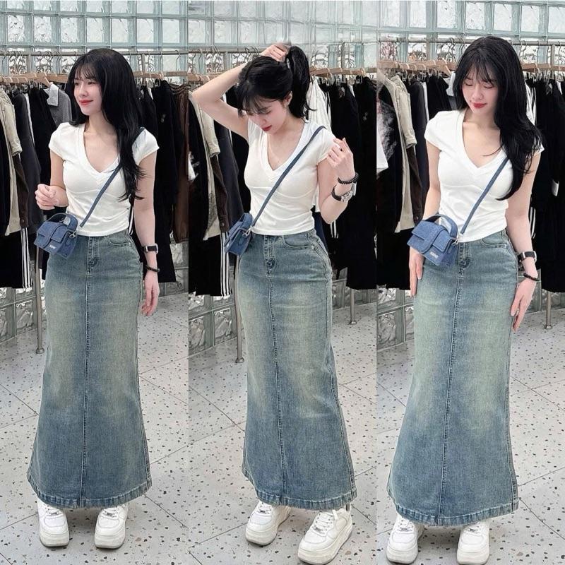 Chân váy jean dài loe nhẹ phối mác da 93cm #7944 [AN TÂY STORE68] | BigBuy360 - bigbuy360.vn