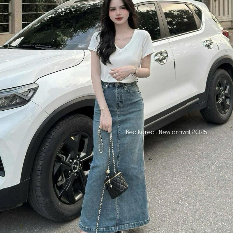 Chân váy jean dài loe nhẹ phối mác da 93cm #7944 [AN TÂY STORE68] | BigBuy360 - bigbuy360.vn