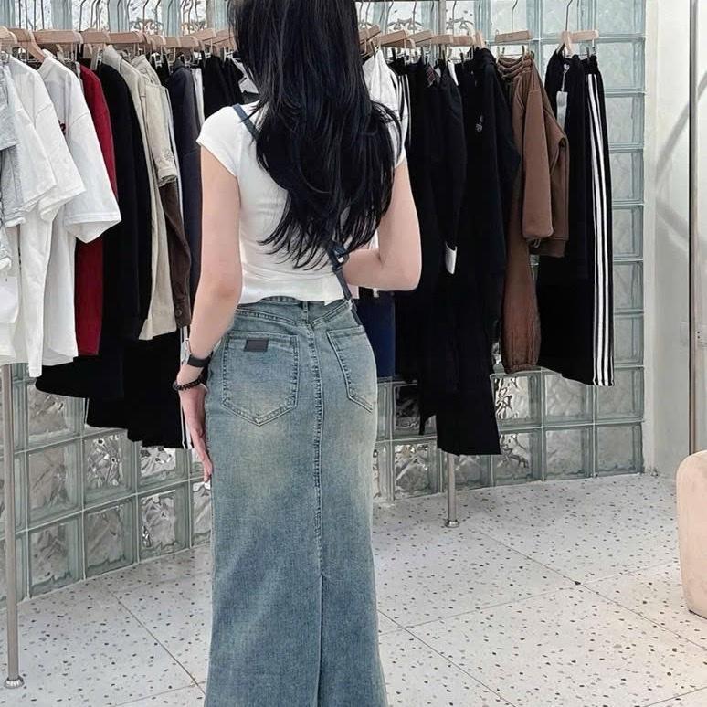 Chân váy jean dài loe nhẹ phối mác da 93cm #7944 [AN TÂY STORE68] | BigBuy360 - bigbuy360.vn