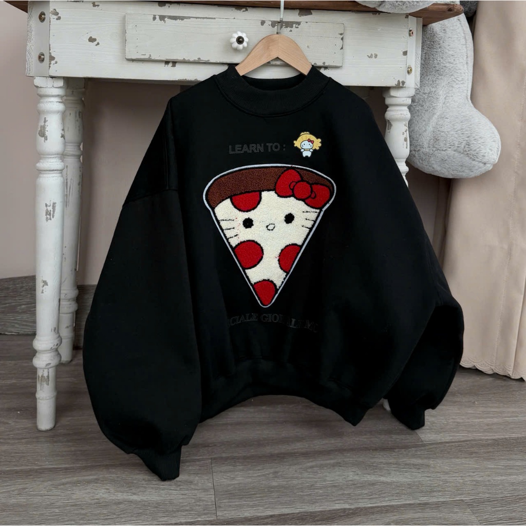 Áo Swater Nam Nữ Dáng Rộng In Mèo Pizza Chất Nỉ Trần Bông Dày Dặn