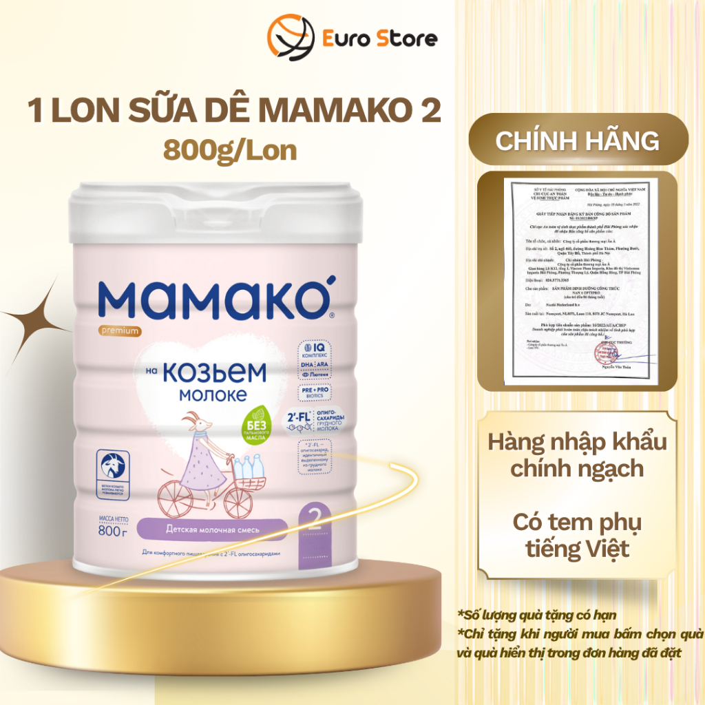 Sữa Dê Công Thức MAMAKO Premium Nga Euro Store Số 2 hộp 800g tăng cường miễn dịch