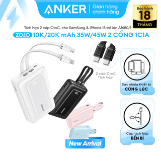 Sạc dự phòng ANKER Zolo 20kmAh 45W | 2 cổng 1C1A | Tích hợp 2cáp USB-C cho iP15/16/17/Samsung | Sạc nhanh - A1681C