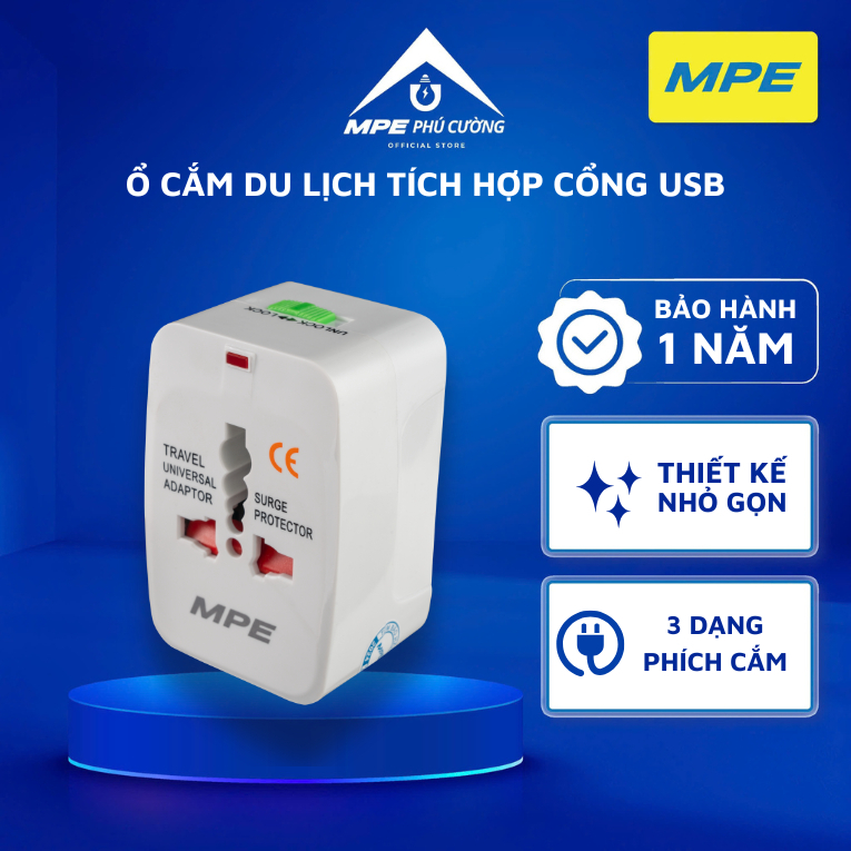 (CHÍNH HÃNG) MPE - Ổ cắm du lịch có tích hợp cổng USB thiết kế nhỏ gọn tiêu chuẩn Châu Âu Chính hãng