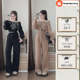 Đồ bộ nữ set thu đông nữ áo thun nỉ dài tay trễ vai dáng croptop phối quần dài suông cạp chun dây rút HCOM3616 