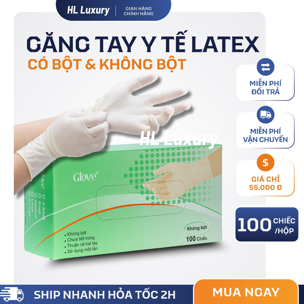   Hộp 100 chiếc  Găng tay y tế cao su Latex không bột và có bột- Dùng cho spa nha khoa thẩm mỹ 