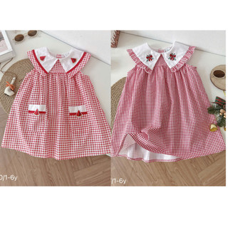   Pinkids   9-26kg  Váy Caro Đỏ Sát Nách Cổ Nhọn Chất Thô Lụa Cotton Cho Bé Gái Đi Học Đi Chơi Siêu Xinh 