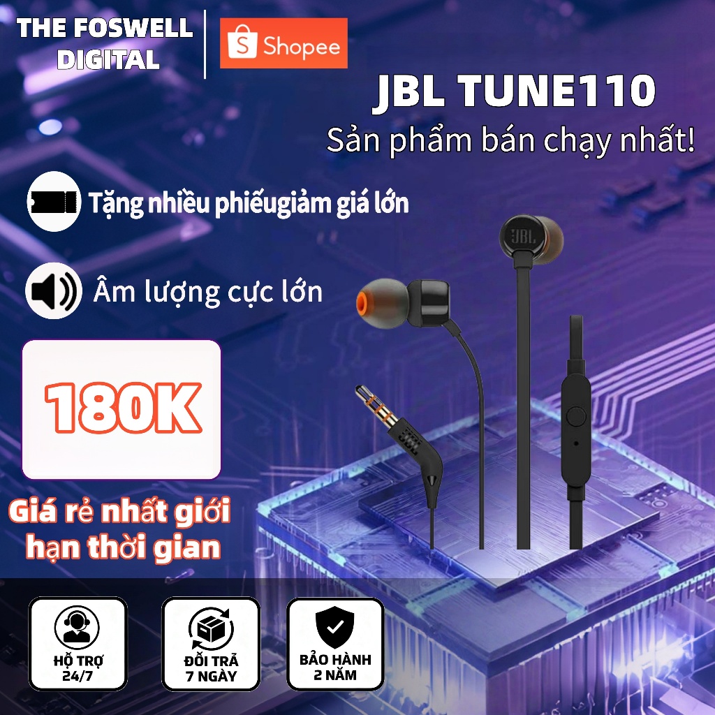 Tai nghe âm thanh nổi JBL T110 có cáp 3,5 mm cho thể thao âm nhạc