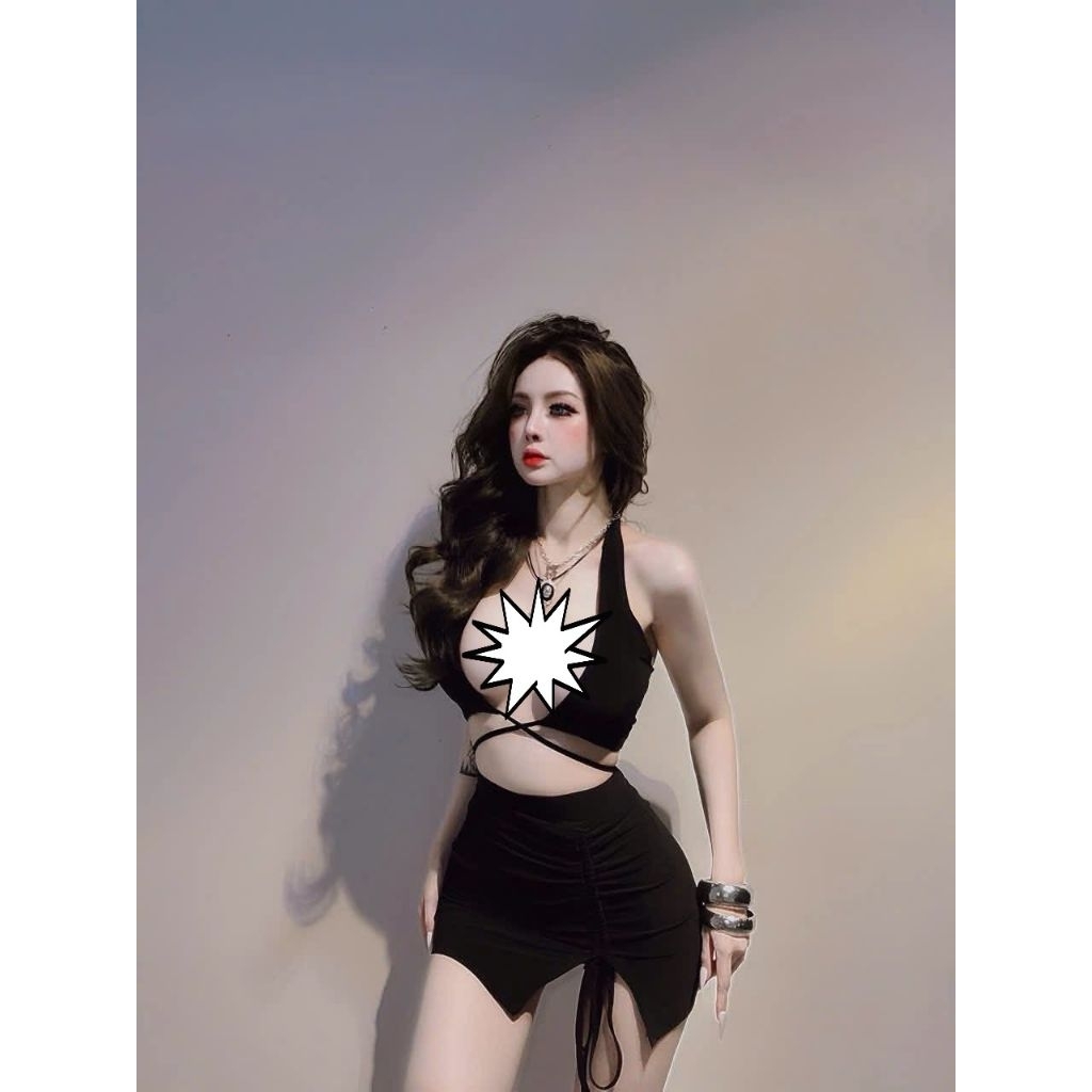 Đầm body xẻ lai rút dây cài nút đen cá tính tính ĐẦM BODY UYÊN LINH