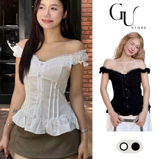  Áo trễ vai tay bèo cổ tim dáng babydoll vạt xòe phối cúc viền ren chất vải linen phong cách tiểu thư Hàn Quốc GU STORE 