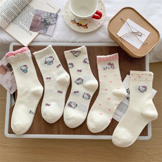 Set 5 Đôi Tất/ Vớ Hoạ Tiết Mèo Hello Kitty Hồng Cổ Cao Phong Cách Hàn Co Giãn Dễ Thương