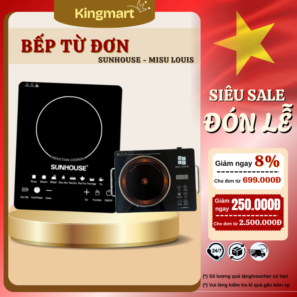 Bếp từ, bếp hồng ngoại SUNHOUSE - Bếp điện từ công suất 2200W mạnh mẽ, nhanh, tiết kiệm thời gian