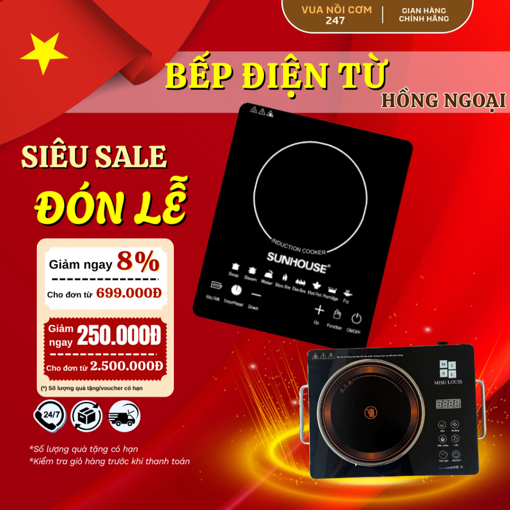 Bếp từ, bếp hồng ngoại SUNHOUSE -  MISU | Bếp điện từ công suất 2200W mạnh mẽ, nhanh, tiết kiệm thời gian
