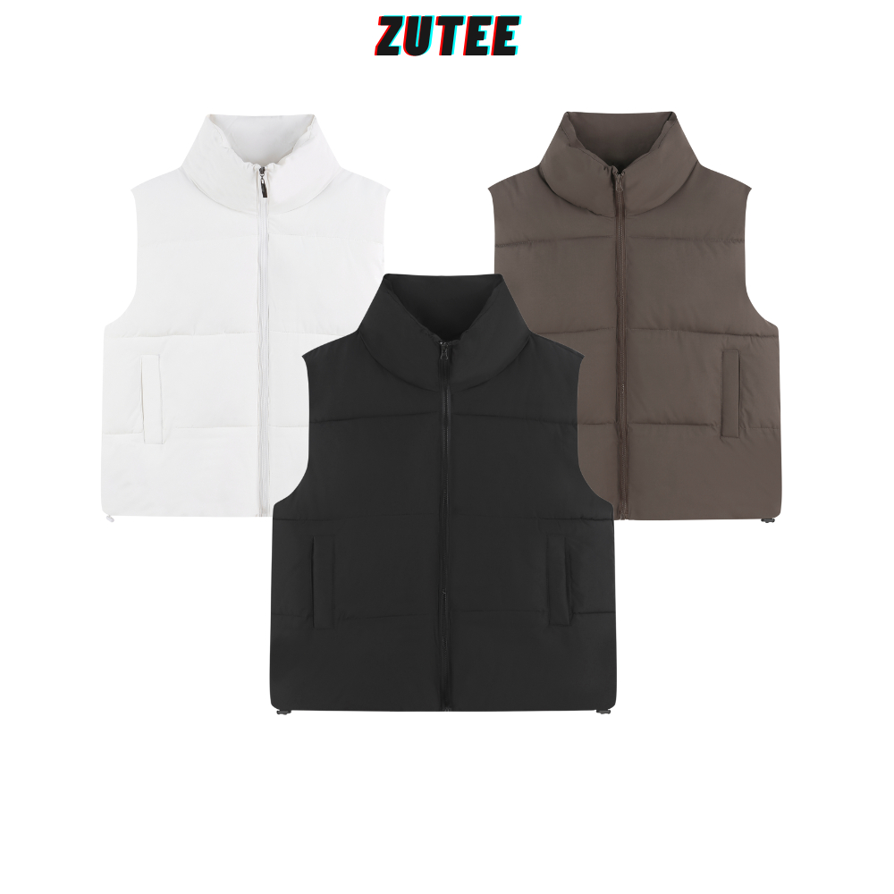 Áo phao gile nam nữ có túi sườn form rộng ZUTEE, Áo khoác phao cổ cao 3 lỗ