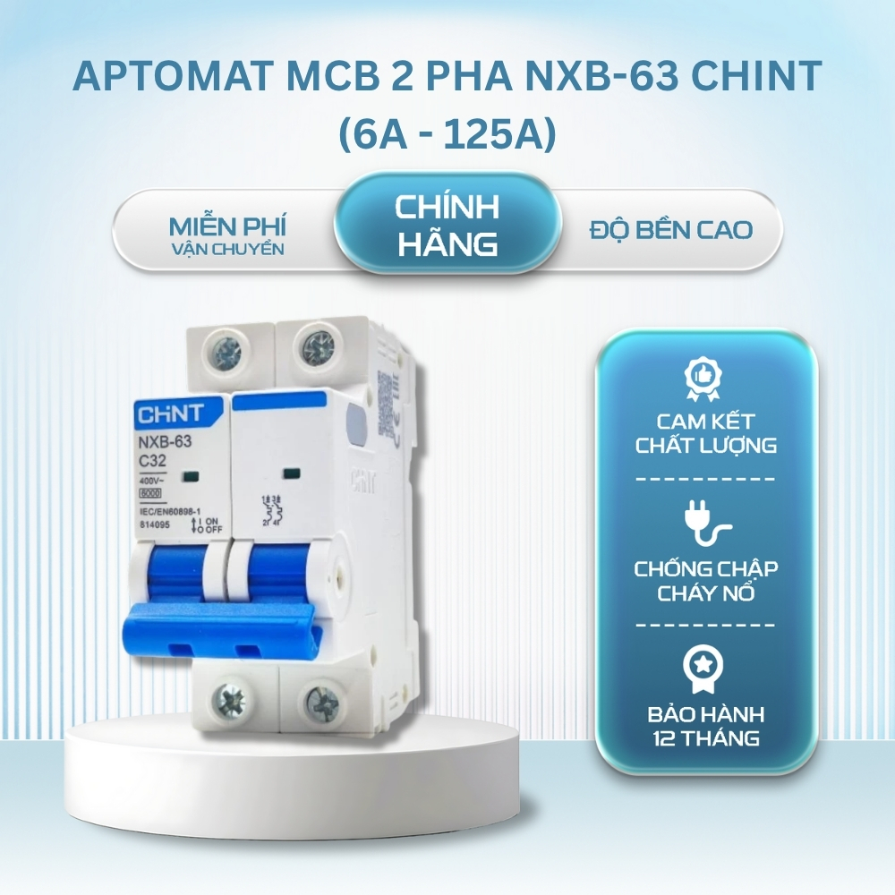 Aptomat MCB 2 Pha NXB-63 Chint 6A,10A,16A,20A,25A,32A,40A,50A,63A,80A,100,125A;Dòng Cắt
