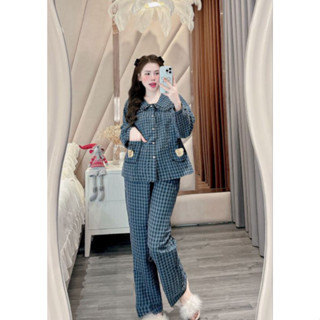  Bộ Ngủ Hè Nữ Kẻ Caro Cổ Bèo 2 Túi Gấu Dài Tay Bộ Pijama Chất Đũi Mềm Mát Dễ Thương Siêu Xinh 