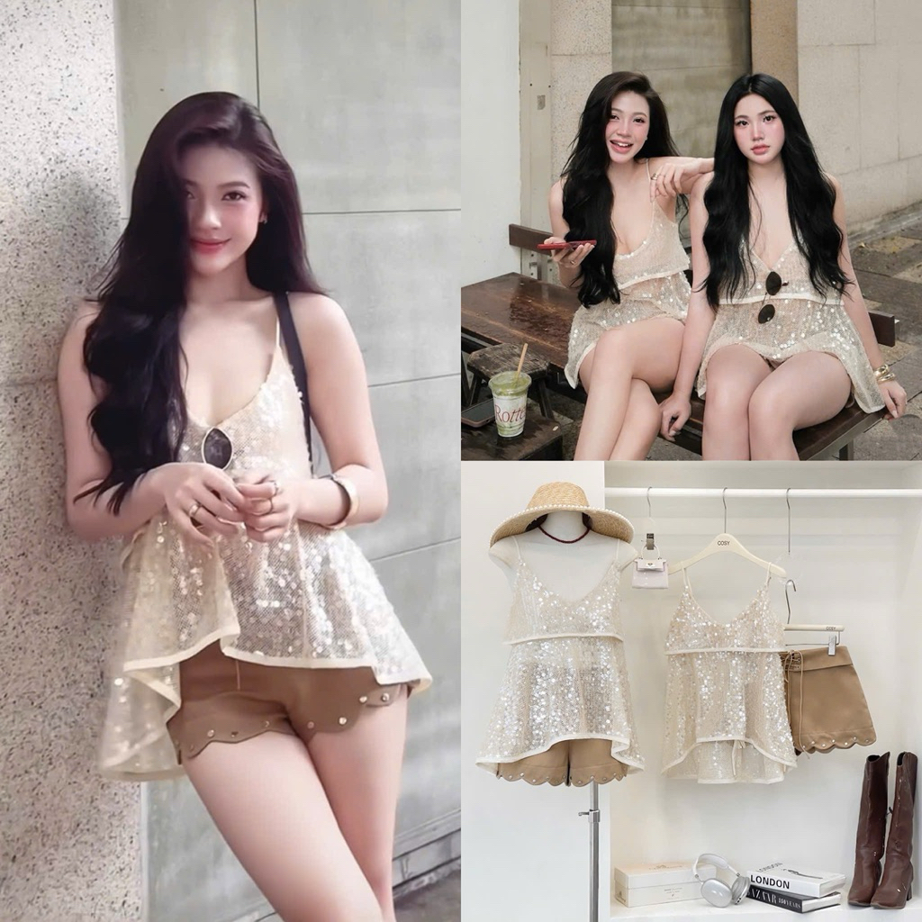 Set Bộ 2 Món Áo 2 Dây Kim Sa Cổ Tròn Kim Tuyến Lấp Lánh Dáng Babydoll Mix Quần Short Ngắn Nâu Đính Đá | BigBuy360 - bigbuy360.vn