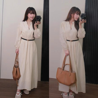   Kèm Đai Váy maxi dài tay cổ tàu xẻ V thắt eo  phong cách tiểu thư thanh lịch 