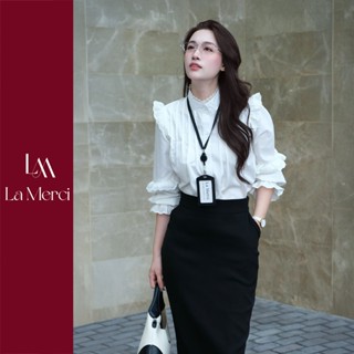  Áo sơ mi tay phồng phối ren cách điệu chất liệu kate hàn mềm mại sơmi hàn quốc La Merci Rose A14 