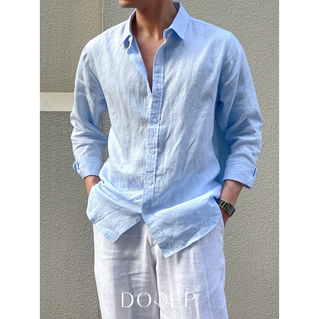 DODEP Áo sơmi nam 100% linen premium tay dài màu xanh da trời | BigBuy360 - bigbuy360.vn