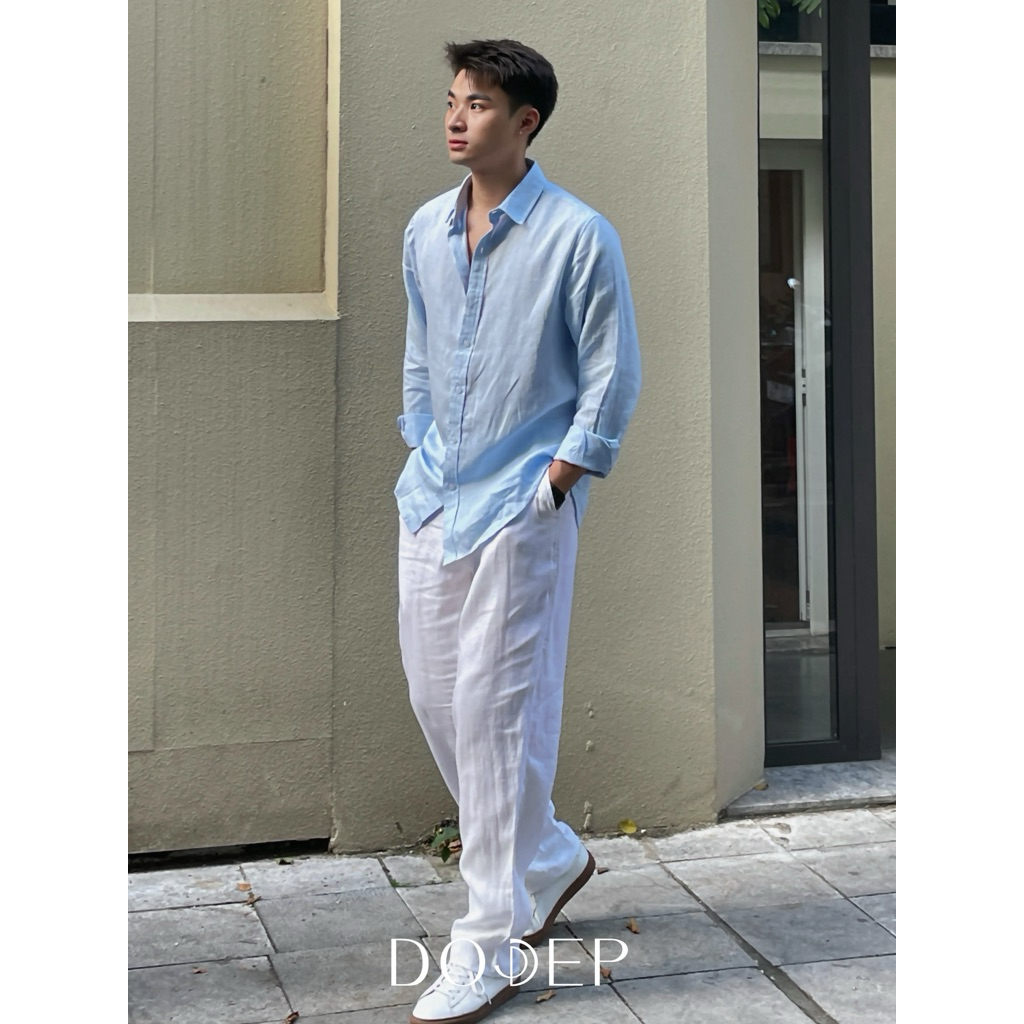 DODEP Áo sơmi nam 100% linen premium tay dài màu xanh da trời | BigBuy360 - bigbuy360.vn