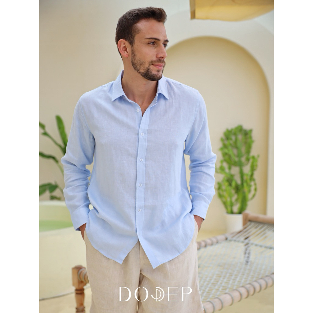DODEP Áo sơmi nam 100% linen premium tay dài màu xanh da trời | BigBuy360 - bigbuy360.vn