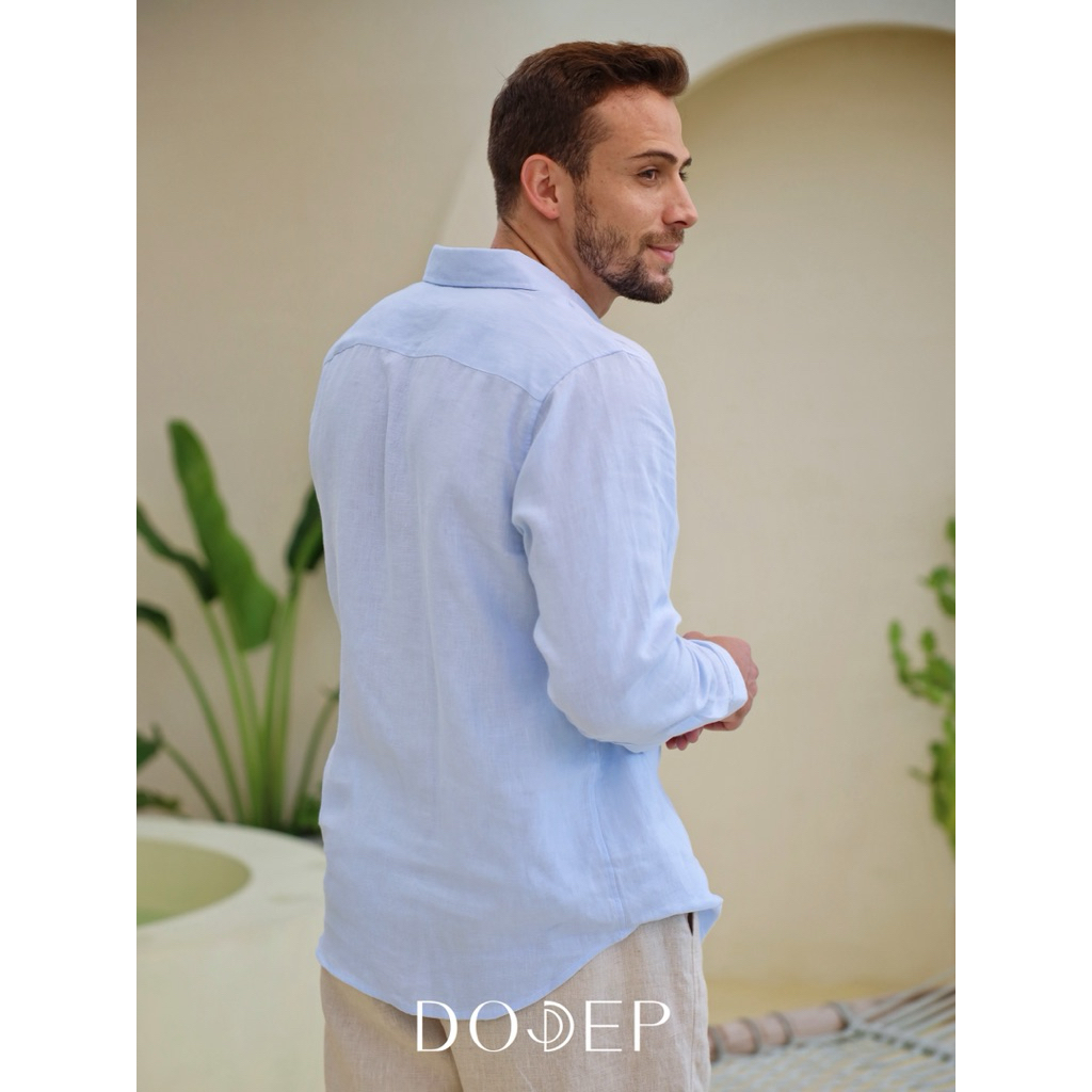 DODEP Áo sơmi nam 100% linen premium tay dài màu xanh da trời | BigBuy360 - bigbuy360.vn