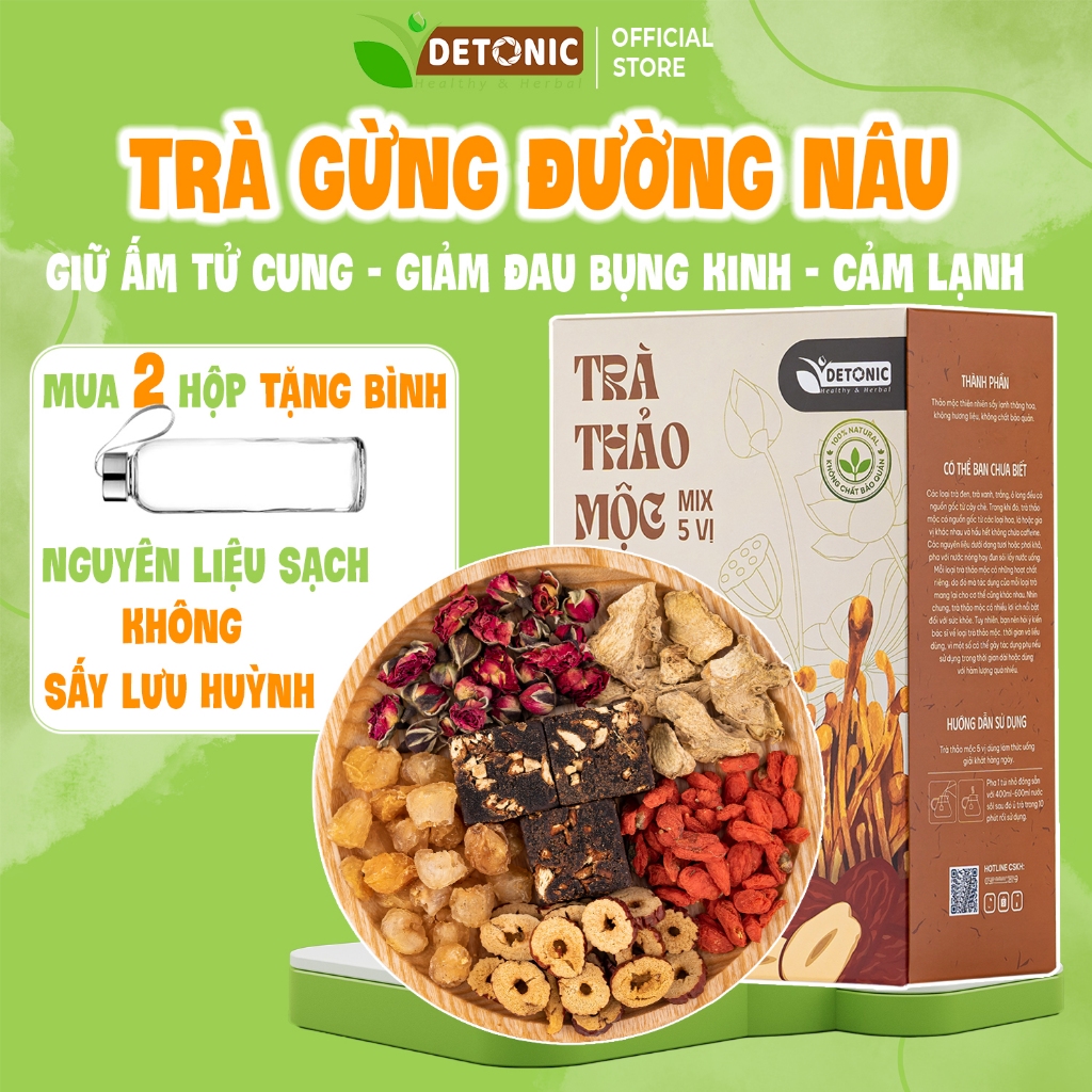 Trà gừng đường nâu DETONIC hỗ trợ giảm đau bụng kinh, bổ máu, giữ ấm cơ thể và giữ ấm tử cung tránh bị hàn lạnh
