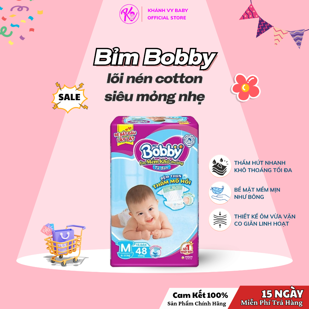 Bỉm Bobby lõi nén cotton mỏng nhẹ khô thoáng cho bé sơ sinh